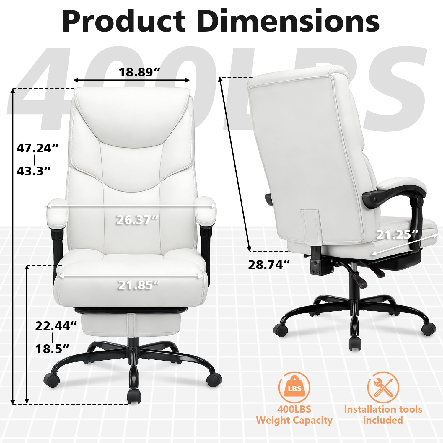 Wailor 400lbs Office Chair with Foot Rest, Reclining Big and Tall Office Chair with Lumbar Support, High Back Pu Leather Computer Chair,comfy