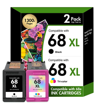 68 6155e 6555e 68XL Ink Cartridges Black/Color Combo Pack for HP68 XL 68e for HP Printers Envy 6100e 6500e Series 6152e 6165e 6558e 6552e (2 Pack 1 Black, 1 Tri-Color)