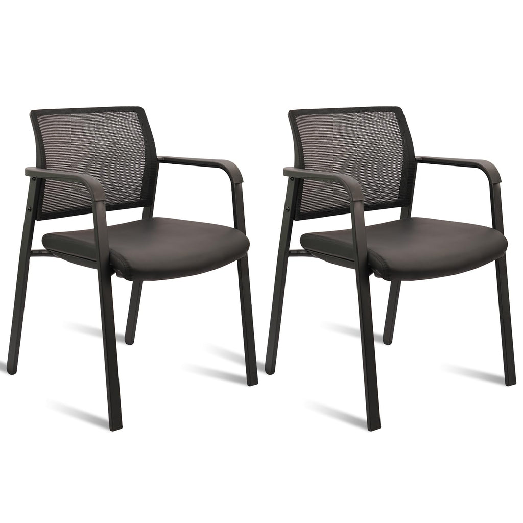 Clatina Stackable Office Chair, Mesh Back Guest Chairs with Comfortable Leather Seat Arms Stacking Ergonomic Desk Chair No Wheels for