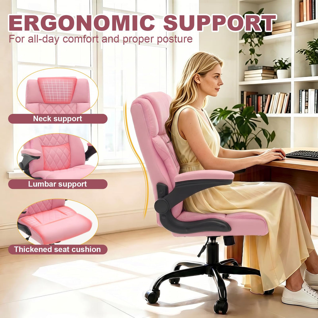 Lianva Ergonomic Office Chair, Executive Desk Chair with Flip-up Armrest, Swivel Computer Task Chair with Wheels for Home Office, Small Pink