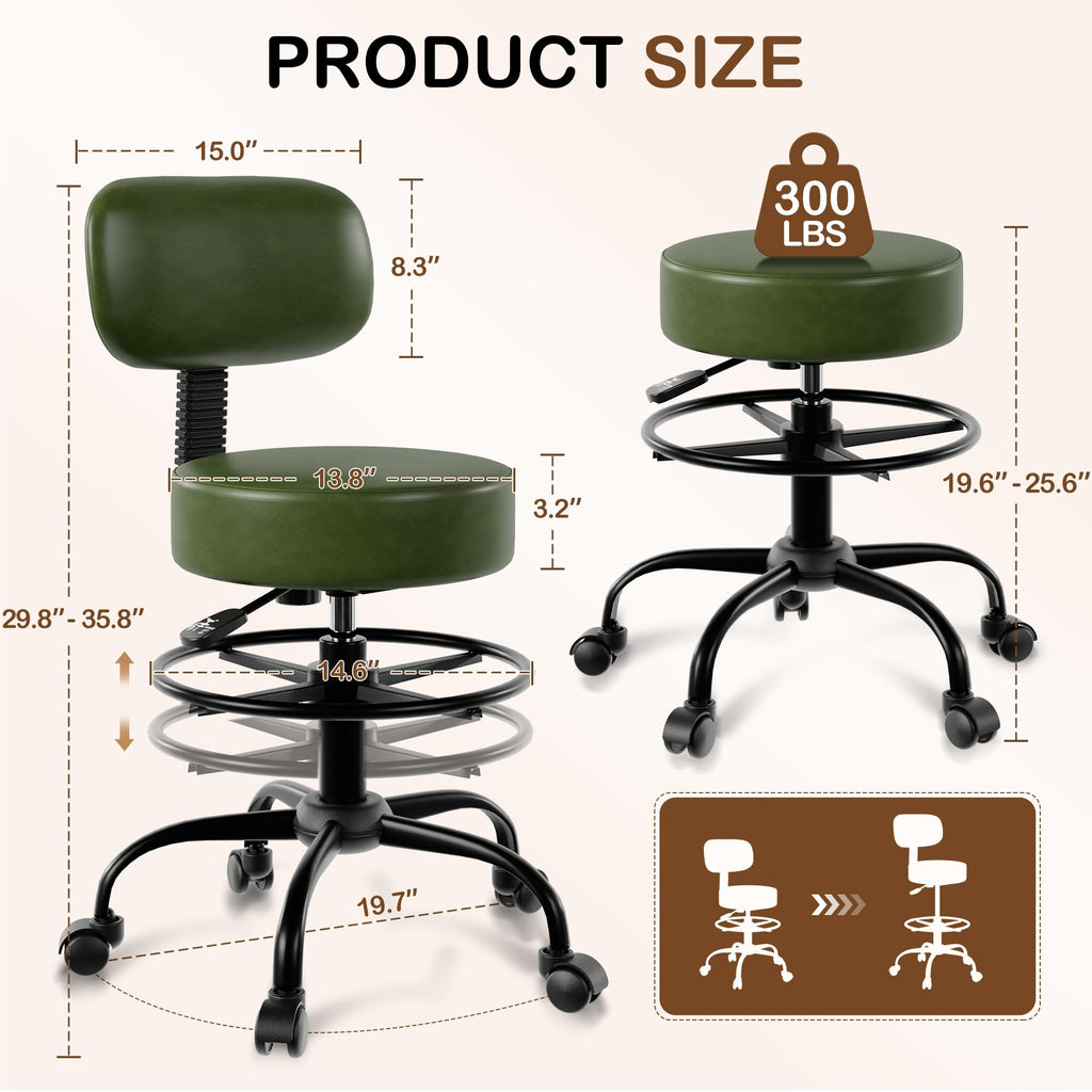 Anunweldo Drafting Chair with Back Support, Adjustable Foot Rest Rolling Stool, 360° Swivel Office Desk Chair with Wheels, Thick Seat Cushion