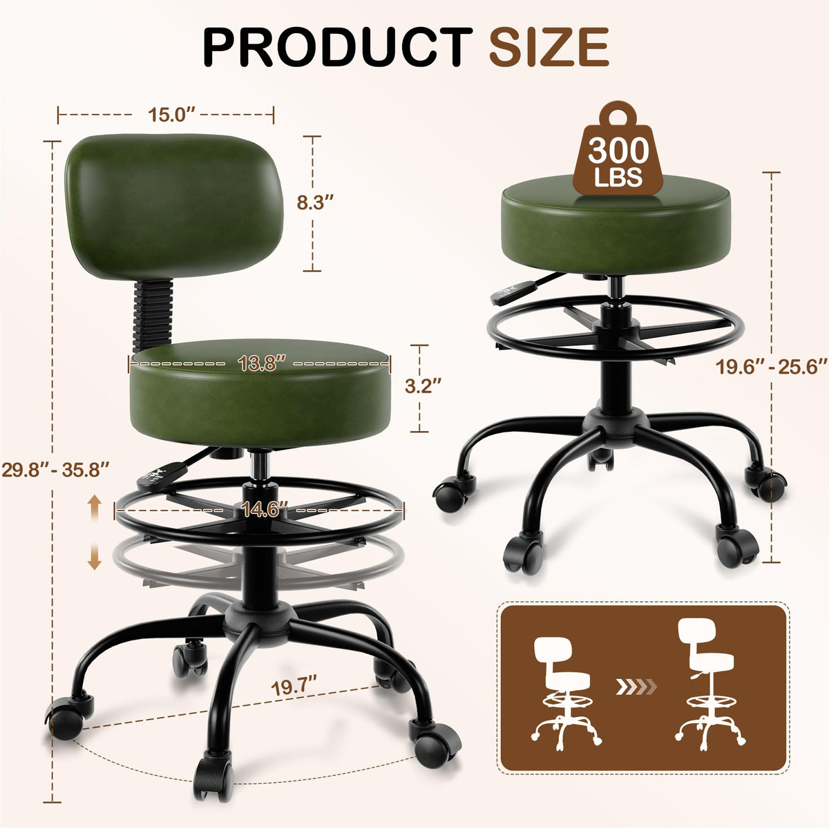 Anunweldo Drafting Chair with Back Support, Adjustable Foot Rest Rolling Stool, 360° Swivel Office Desk Chair with Wheels, Thick Seat Cushion