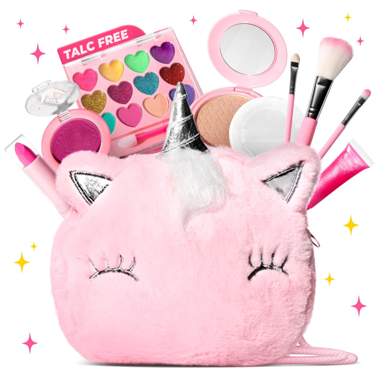 ULOVEME Mica-Based Real Kids Makeup, Talc Free Washable Makeup Kit for Girls with Fluffy Unicorn Purse - Hypoallergenic Makeup for Sensitive Skin Kids - Gift for 5 -8 Years Old Girls Birthday