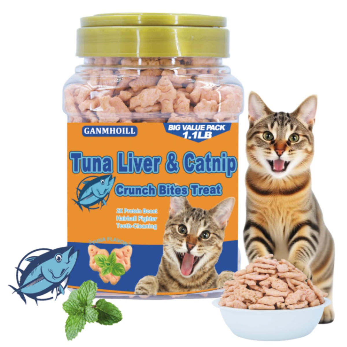 1.1 lb/500g Cat Grass Treats for Indoor Cats - 17.6 oz Natural Tuna Flavor, Healthy Snacks for All Life Stages, Crunchy Training Biscuits with Dental Care & Hairball Control