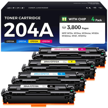 204A Toner Cartridge Set 4-Pack High Yield Replacement for HP 204A 204X CF510A CF511A CF512A CF513A Compatible with HP Color LaserJet Pro MFP M180fw M181fw M180n M180nw M154a M154nw Printer Ink Black