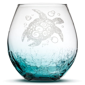 Integrity Bottles Tribal Sea Turtle Design Stemless Wine Glass, Handmade, Handblown, Hand Etched, Sand Carved, 18oz, Crackle Teal