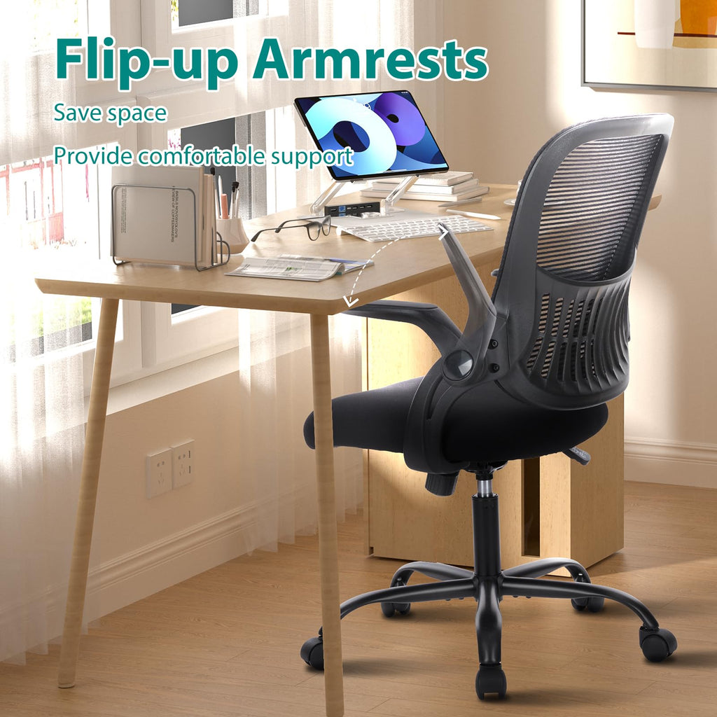 Sweetcrispy Executive Home Office Chair, Mesh Office Chair, Black, 18.5"D&Flip-up Arms-Plus
