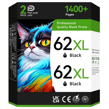 Printer Ink 62XL Compatible for HP 62 Black Ink Cartridge Fit for Envy 7640 5660 5540 5661 5642 5640 5640 5663 5544 5542 5549 OfficeJet 5740 250 5745 5746 200 Printer (2 Black)