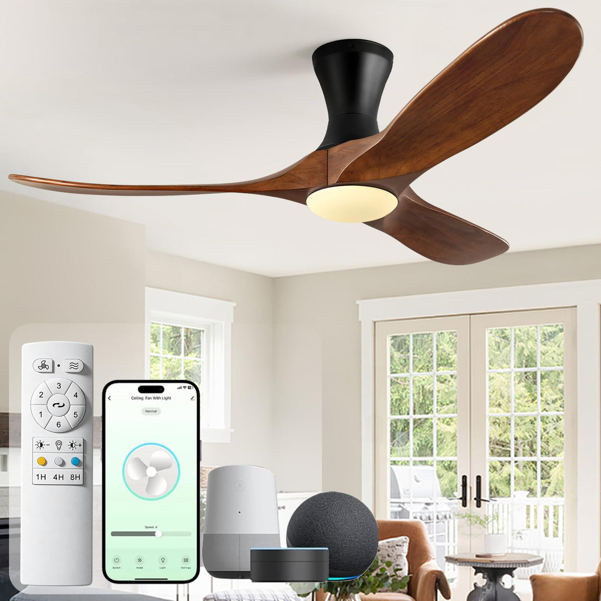 52 inch Smart Flush Mount Ceiling Fans with Lights, Low Profile Ceiling Fan with WIFI Alexa and App Remote Control, Quiet DC Motor, 3 Blades Wood Modern fan for Indoor Outdoor Bedroom Patio, Walnut