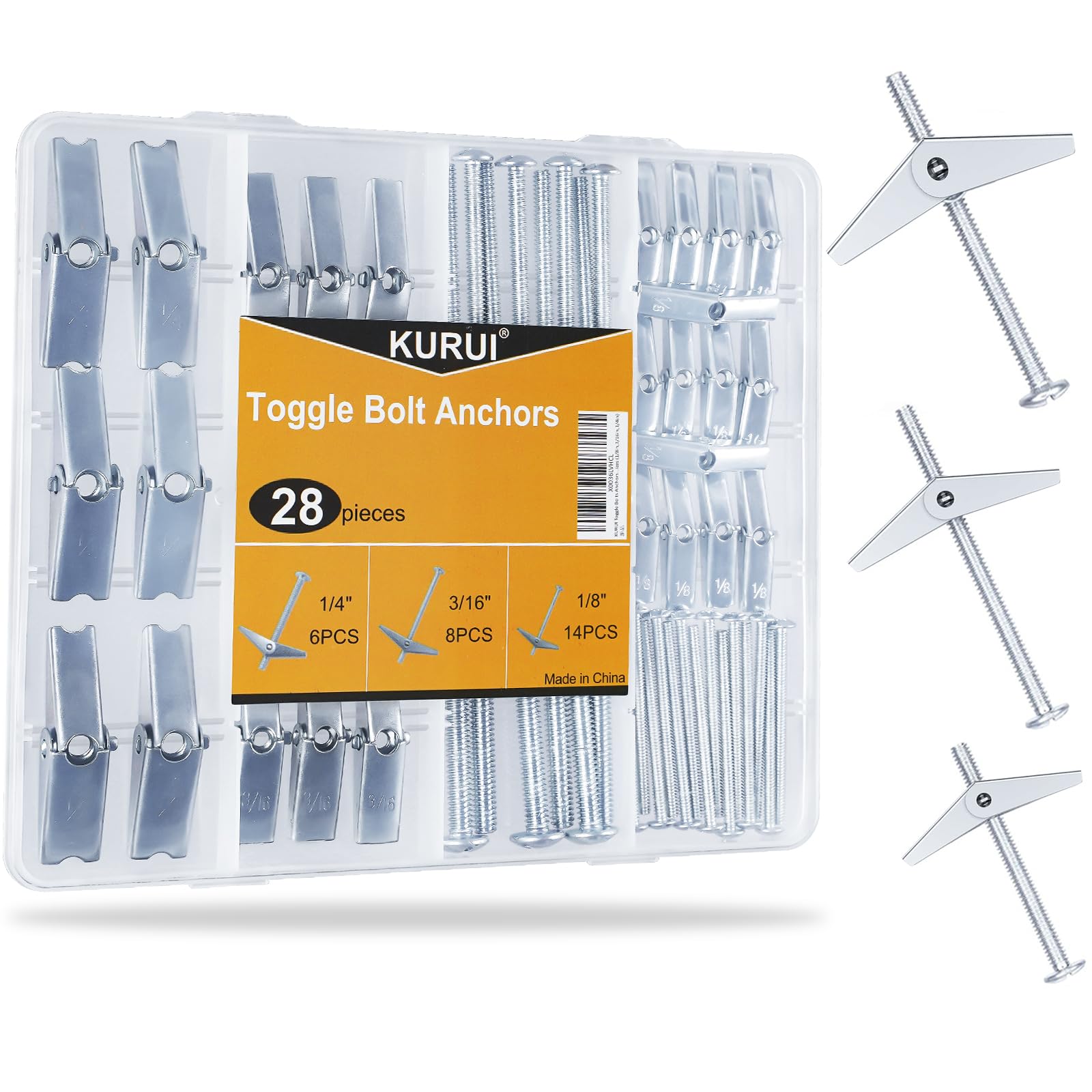 KURUI Heavy Duty Hollow Wall Anchors for Drywall Ceiling, Toggle Bolts and Wing Nut Kit, 28Pcs Metal Drywall Anchors and Screws Assortment Set, 3 Sizes Butterfly Anchors for Hanging 1/8, 3/16, 1/4