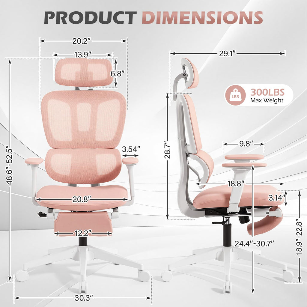 Ergonomic Office Chair with Footrest and Dynamic Lumbar Support, Pink, High Back