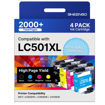 LC501XL Ink Cartridges High Yield Compatible for Brother LC501XL LC501 Ink Cartridges LC501 XL use for Brother Printer MFC-J1360DW MFC-J1410DW MFC-J1260W (Black Cyan Magenta Yellow, 4Pack)