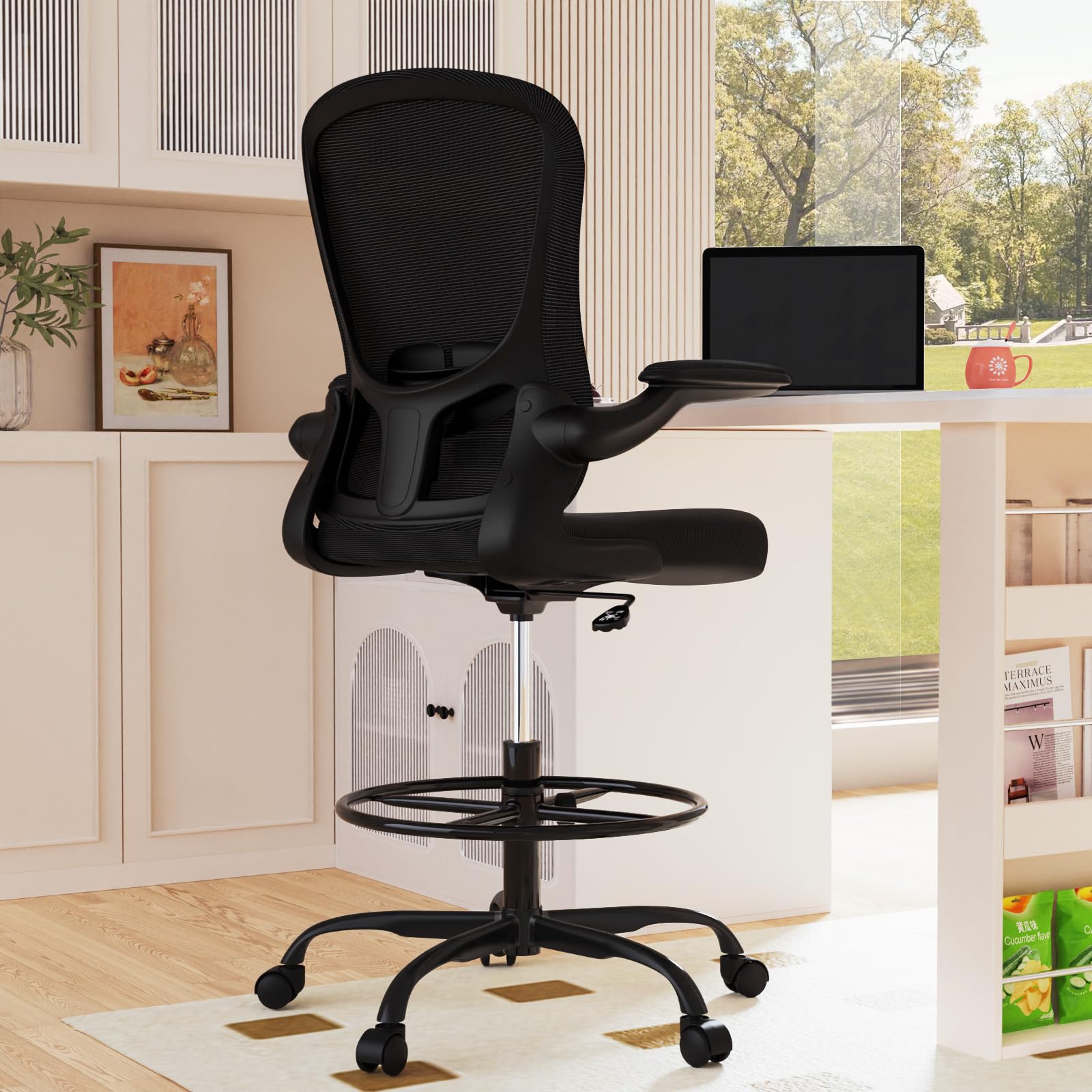Drafting Chair, Tall Office Chair with Flip-up Armrests Executive Ergonomic Computer Standing Desk Chair, Office Drafting Chair with Lumbar