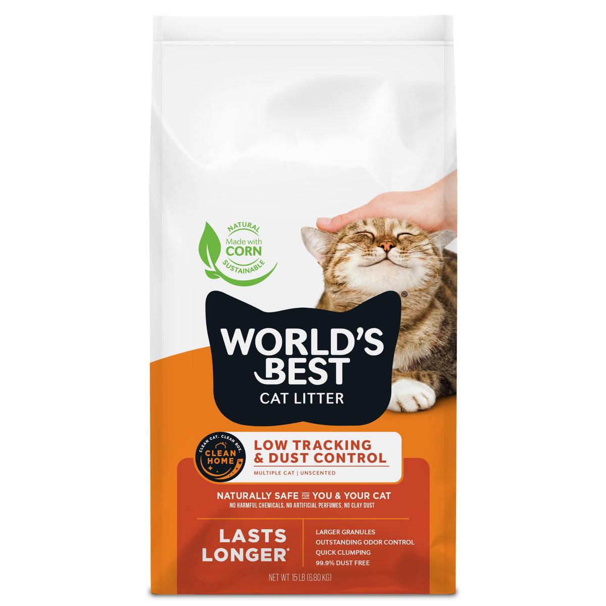 WORLD'S BEST CAT LITTER Low Tracking & Dust Control Multiple Cat Unscented 15-Pounds - Natural Ingredients, Quick Clumping, Flushable & Made in USA - Long-Lasting Odor Control & Easy Scooping