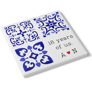 Porcelain Anniversary Coaster Gift for him Wife her 18th Eighteen Wedding 18 Years Ceramic Husband Couple Personalized 4"x4"