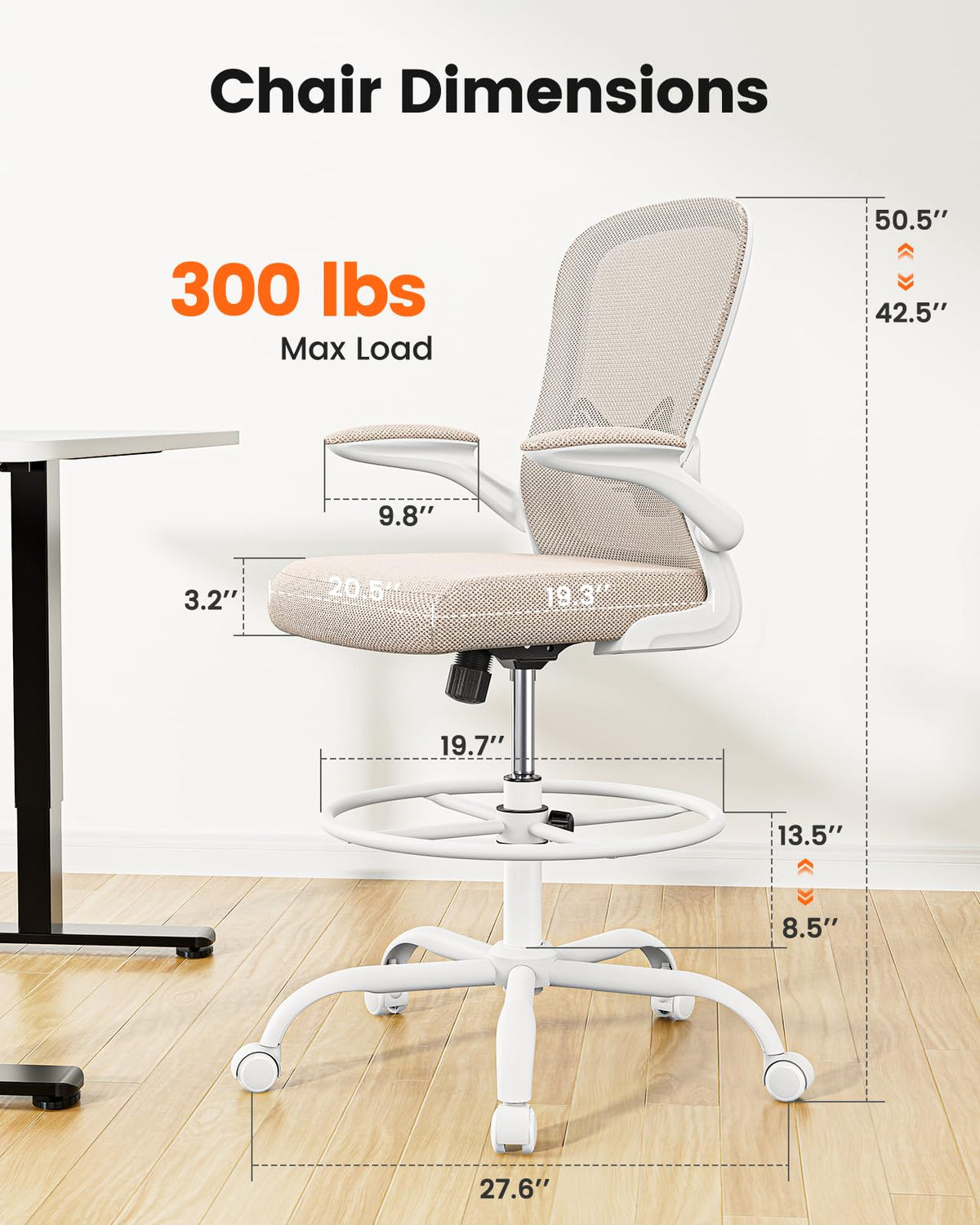 Ergear Drafting Chair,tall Office Chair with Flip-up Armrests, High Desk Chair Adjustable Height and Adjustable Footrest Ring, Ergonomic