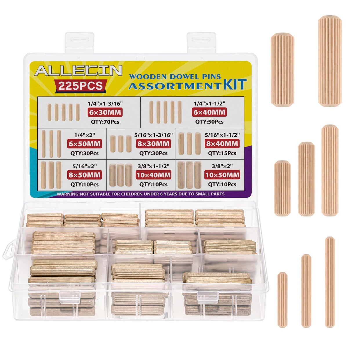 8 Values Wood Dowels Kit 1/4 3/8 5/16 Inch Fluted Wooden Dowel Pins Pegs Assortment for Furniture Woodworking DIY Crafts (Pack of 225Pcs)
