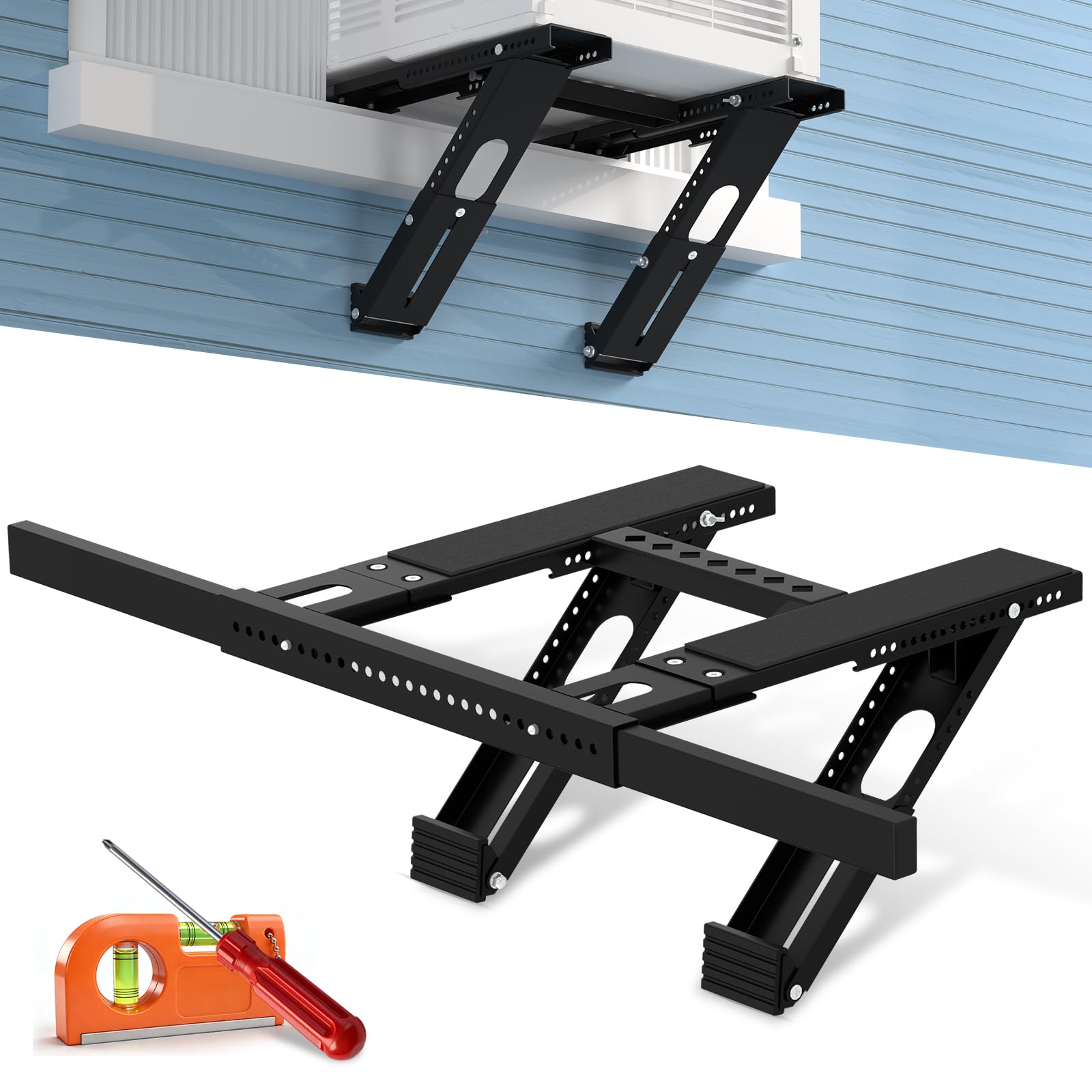 Window Air Conditioner Support Bracket: No-Drill Adjustable Window AC Bracket for Single/Double Hung Windows, Heavy Duty Steel Holds Up to 350 lbs, Universal Units for 5000-24000 BTU, Black