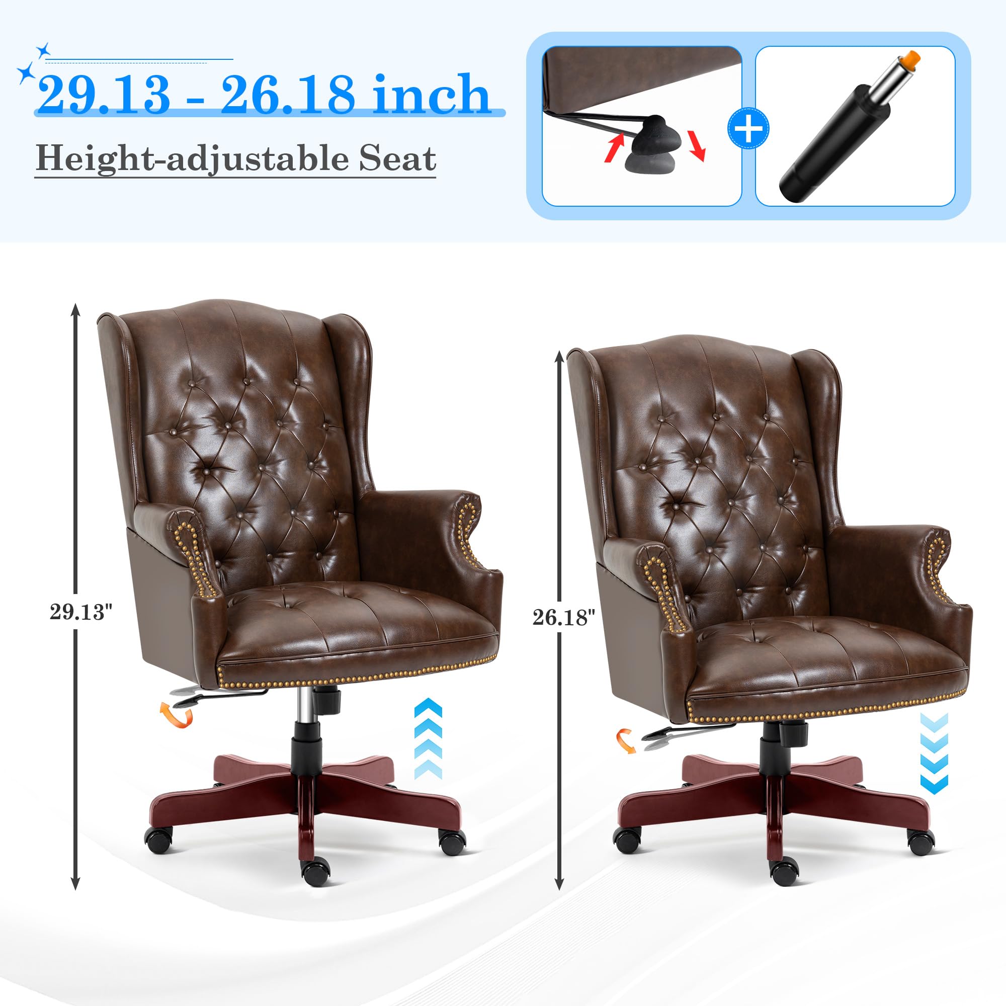 Big and Tall Executive Office Chair, Ergonomic 360° Swivel Recliner Chair, Retro Brown Faux Leather Home Office Desk Chairs W/button Tufted
