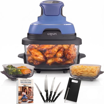 Ninja CRISPi 5-in-1 Portable Glass Air Fryer Cooking System FN103CO, 1500W, 6-Cup, 2.5-Qt & 4-Qt Containers with Lids, Blue, Renewed - Deco Essentials Knife Set, Cutting Board & Guide Bundle