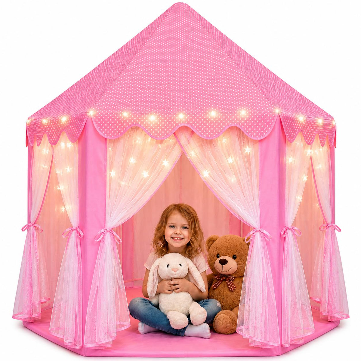 Orian Princess Tent for Kids, Toddler & Kids Pink Play Tent Indoor & Outdoor Princess Castle Fort for Girls and Toddlers Ages 2-7, 55”x53”, LED Star Lights, Children’s Toys and Gifts for Girls