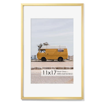 11x17 Metal Picture Frame with 8x12 Mat, Brushed Aluminum Finish, Attached Hanging Hardware, and Tempered Glass Front - Versatile Vertical or Horizontal Wall Display Frames Set of 1 - Gold