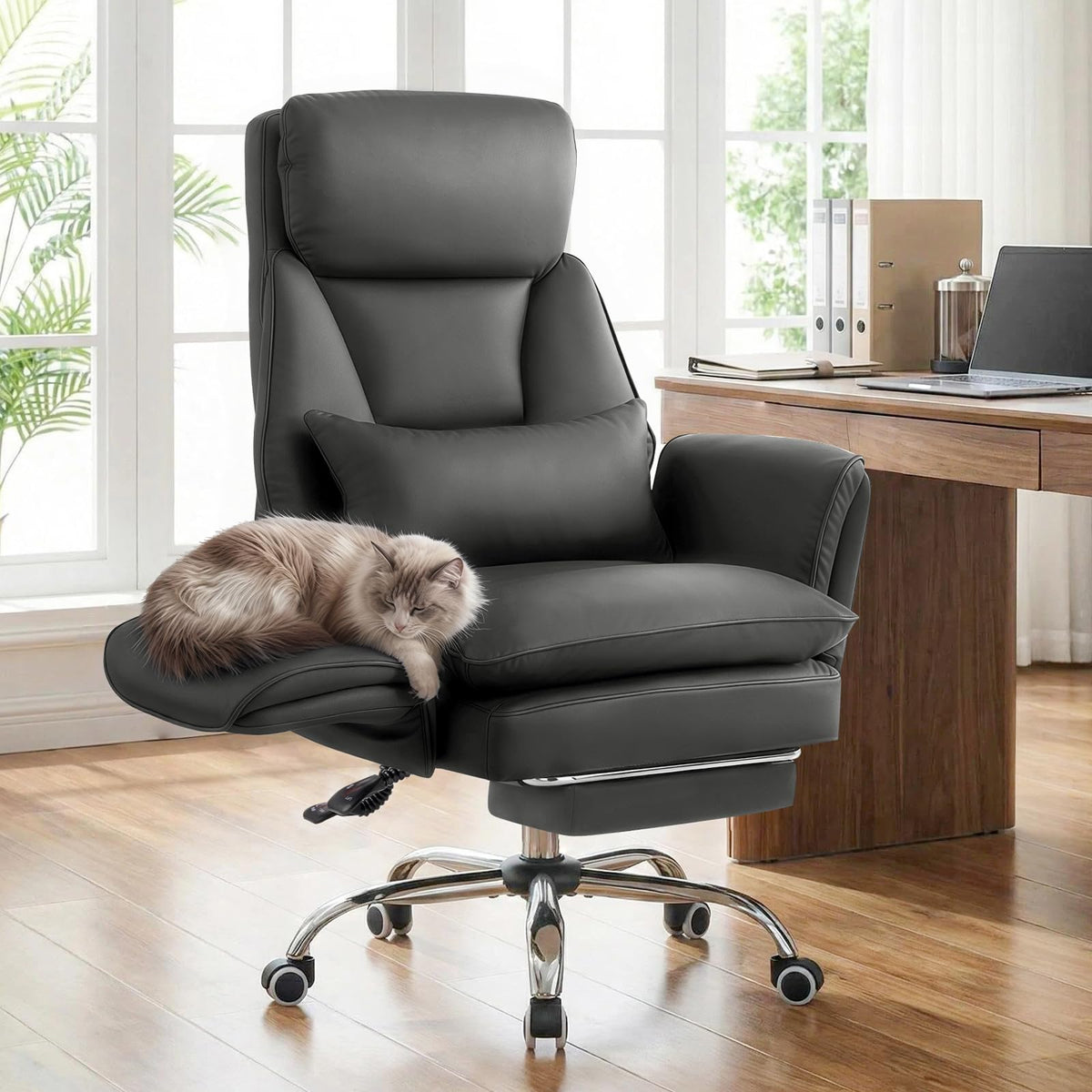 Furniliving Big and Tall Office Chair, Executive Reclining Computer Gaming Chair with Foot Rest, Flip Armrest & Lumbar Pillow, Thicken Wider