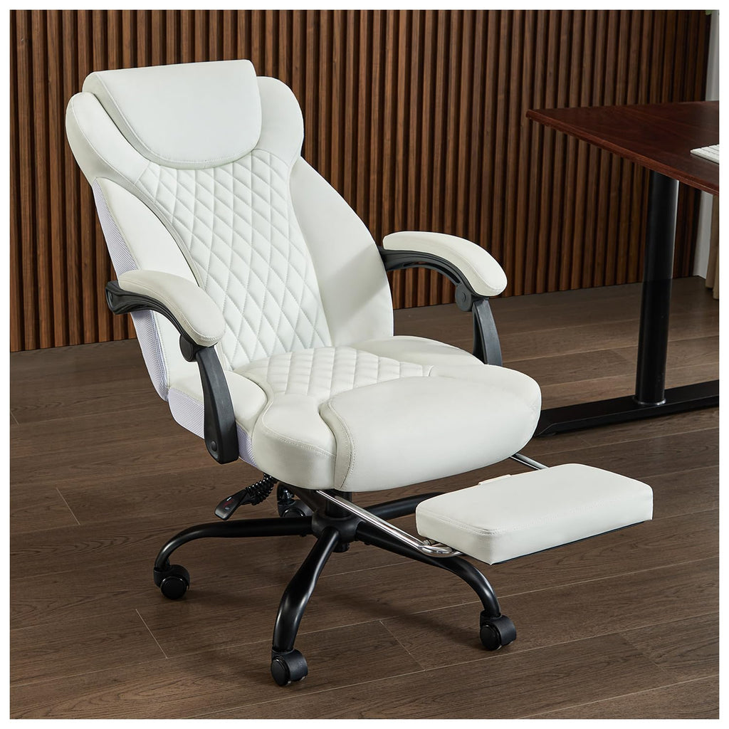 Amseatec Big and Tall Office Chair with Footrest, Lumbar Support, White, Oversized