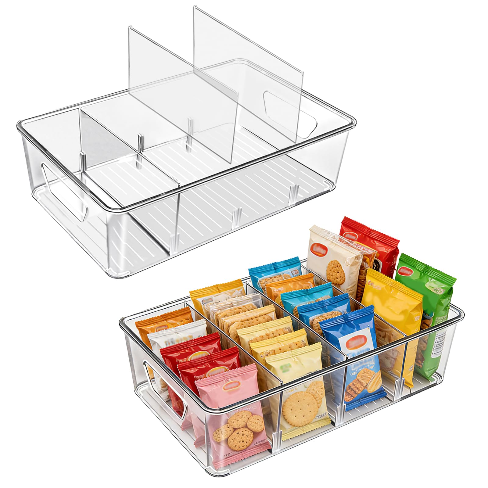 Stackable 4-Compartment Pantry Organizers and Storage, Clear Plastic Storage Bins with Removable Dividers Suitable for Pantry, Office, Kitchen, Cabinet & Fridge Organization, 2-Pack