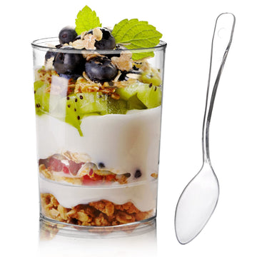 Okllen 100 Pack Mini Dessert Cups with Spoons, 3 Oz Round Shot Cups Plastic Dessert Shooters, Appetizer Parfait Cups Shot Glasses for Chocolate Desserts, Ice Cream, Puddings, Tasting Party