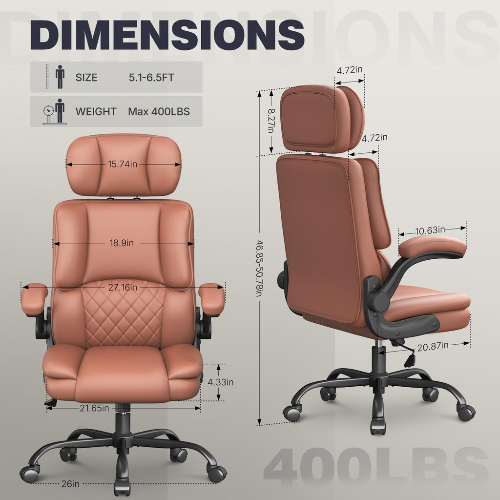 Cyzena Office Chair-executive High Back Breathable Big and Tall Office Chair Flip-up Armrests Lumbar Support-ergonomic Leather Rolling Swivel
