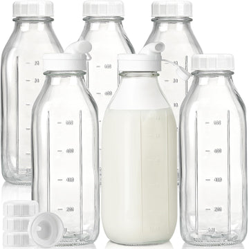 6 Pack 32 Oz Glass Milk Bottles with Lids,2 Dispenser Caps & Extra Lids