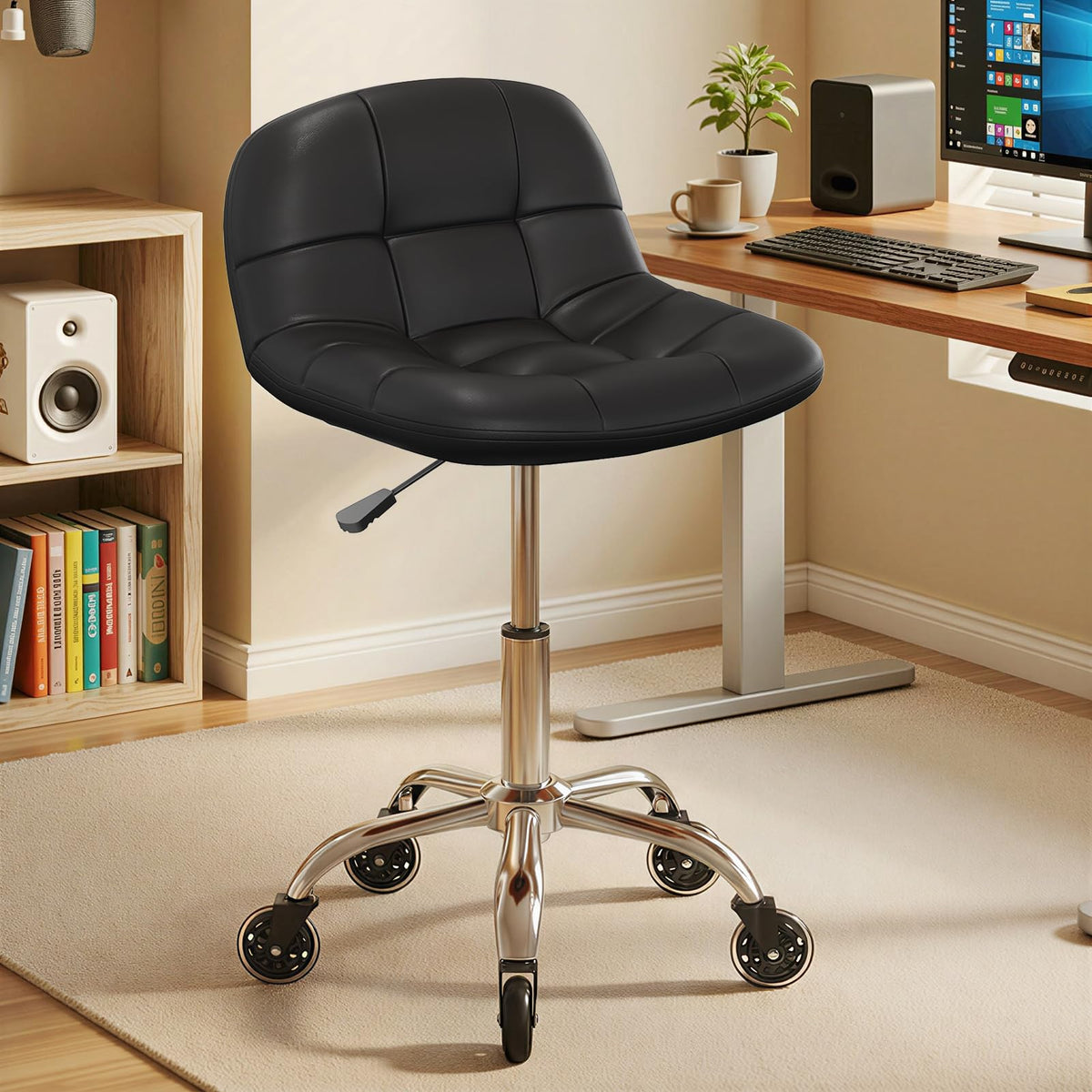 Rolling Stool Chair with Wheels, Height Adjustable Stool with Back Support, Office Drafting Chair with Pu Leather Cushion for Home Office