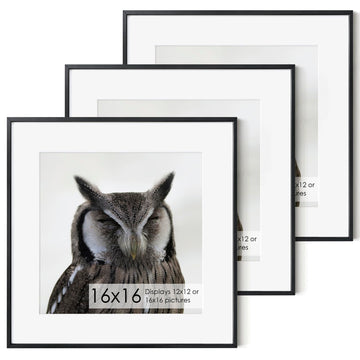Fun Memories 16x16 Metal Picture Frame with 12x12 Mat, Brushed Aluminum Finish, Tempered Glass Front, and Attached Hanging Hardware - Wall Display Frames for Vertical or Horizontal Set of 3 - Black