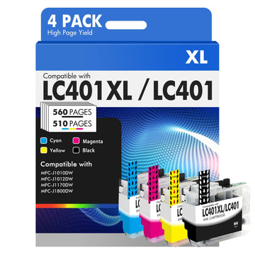 LC401 LC401XL MFC-J1010DW Ink Cartridges for Brother Printer LC 401 401XL for MFC-J1010DW MFC-J1170DW MFC-J1012DW MFC-J1800DW MFC J1010DW - 4 Pack High Yields Black Cyan Magenta Yellow