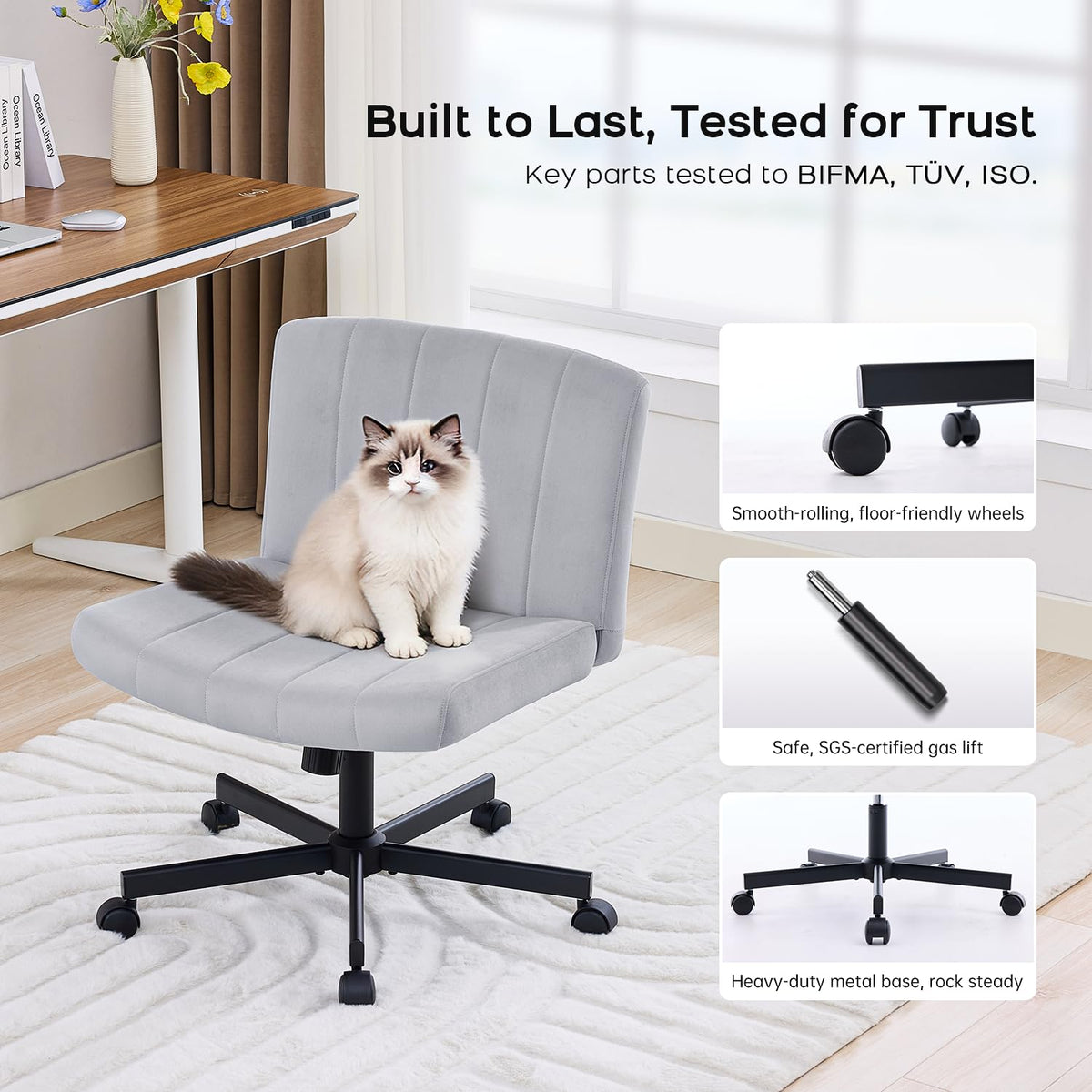 Lukkdys Criss Cross Chair with Wheels, Wide Cross Legged Desk Chair, Comfy Fabric Vanity Chair for Home Office Bedroom, Adjustable Armless