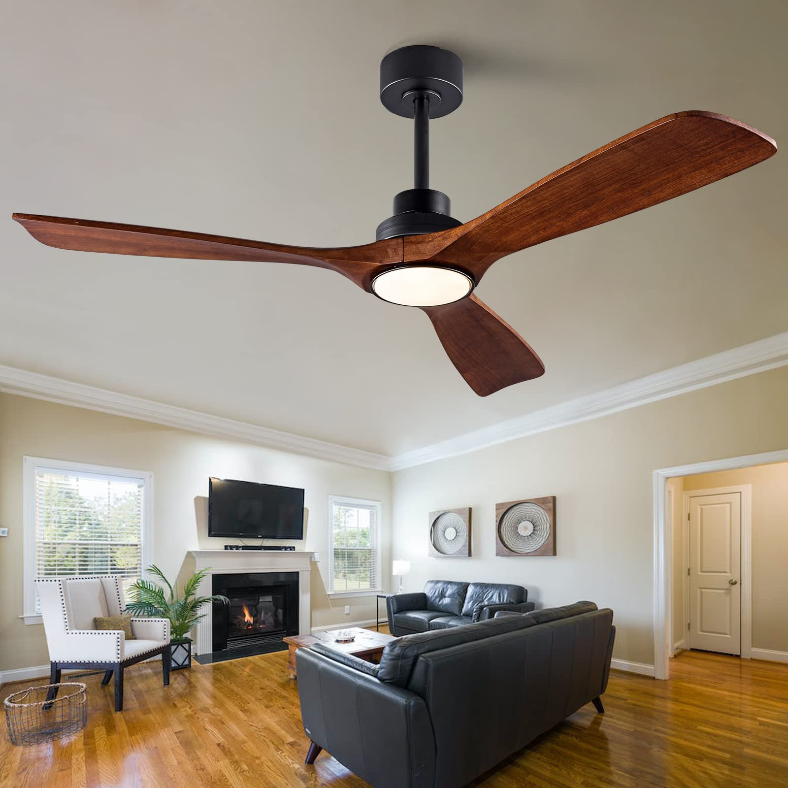 QUTWOB 52" Wood Ceiling Fan with Remote Control,Quiet DC Motor 3 Blade Ceiling Fans for Patio Living Room, Bedroom, Office,Indoor Outdoor(Black+Dark Walnut)