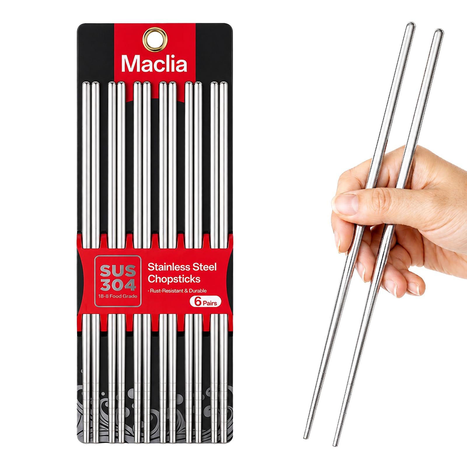 Metal Chopsticks 6 Pairs - Reusable 304 Stainless Steel Chopsticks Dishwasher Safe, Non-Slip Lightweight Chop Sticks, Korean Japanese Chinese Chop Sticks Gift Set (Silver)