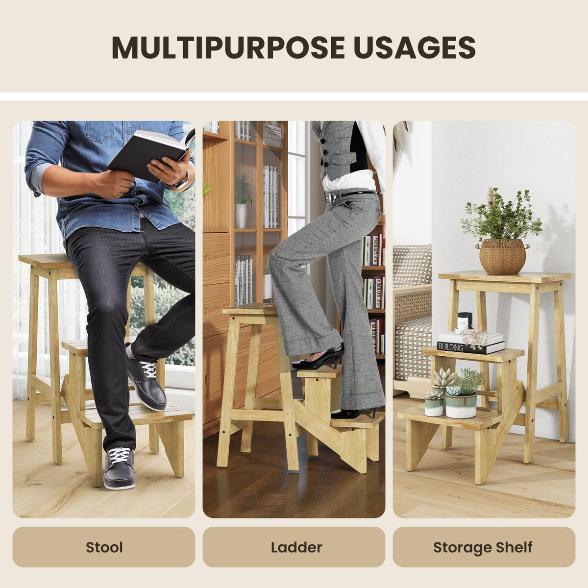 Costzon Folding 3 Step Stool, 3 in 1 Wooden Step Ladder with Handle, Non-slip Pedal, Multifunctional Storage Shelf, Flower Rack for Kitchen,