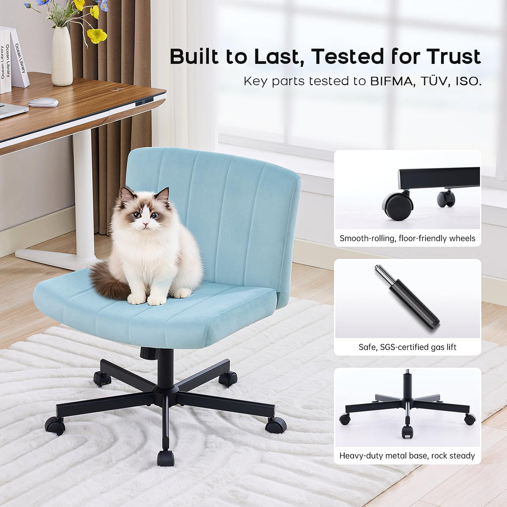 Lukkdys Criss Cross Chair with Wheels, Wide Cross Legged Desk Chair, Comfy Fabric Vanity Chair for Home Office Bedroom, Adjustable Armless