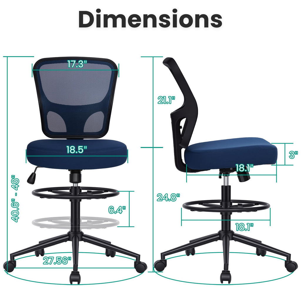 Armless Drafting Chair Tall Office Chair for Standing Desk - Adjustable Height Mesh Ergonomic Drafting Stool with Foot Ring & Wheels, Rolling