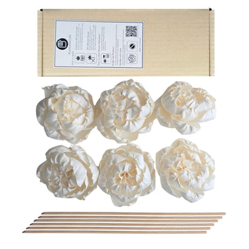 plawanature 6pcs White 3" Peony Brides Dream Sola Wood Flower Diffuser with Reed Sticks for Home Fragrance Essential Oil DIY Decor