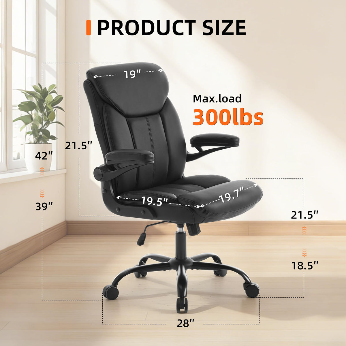 Fmolat Ergonomic Home Office Chair Pu Leather Comfy Computer Chair, Black, 19.7"W x 19.5"D x 39"-42"H