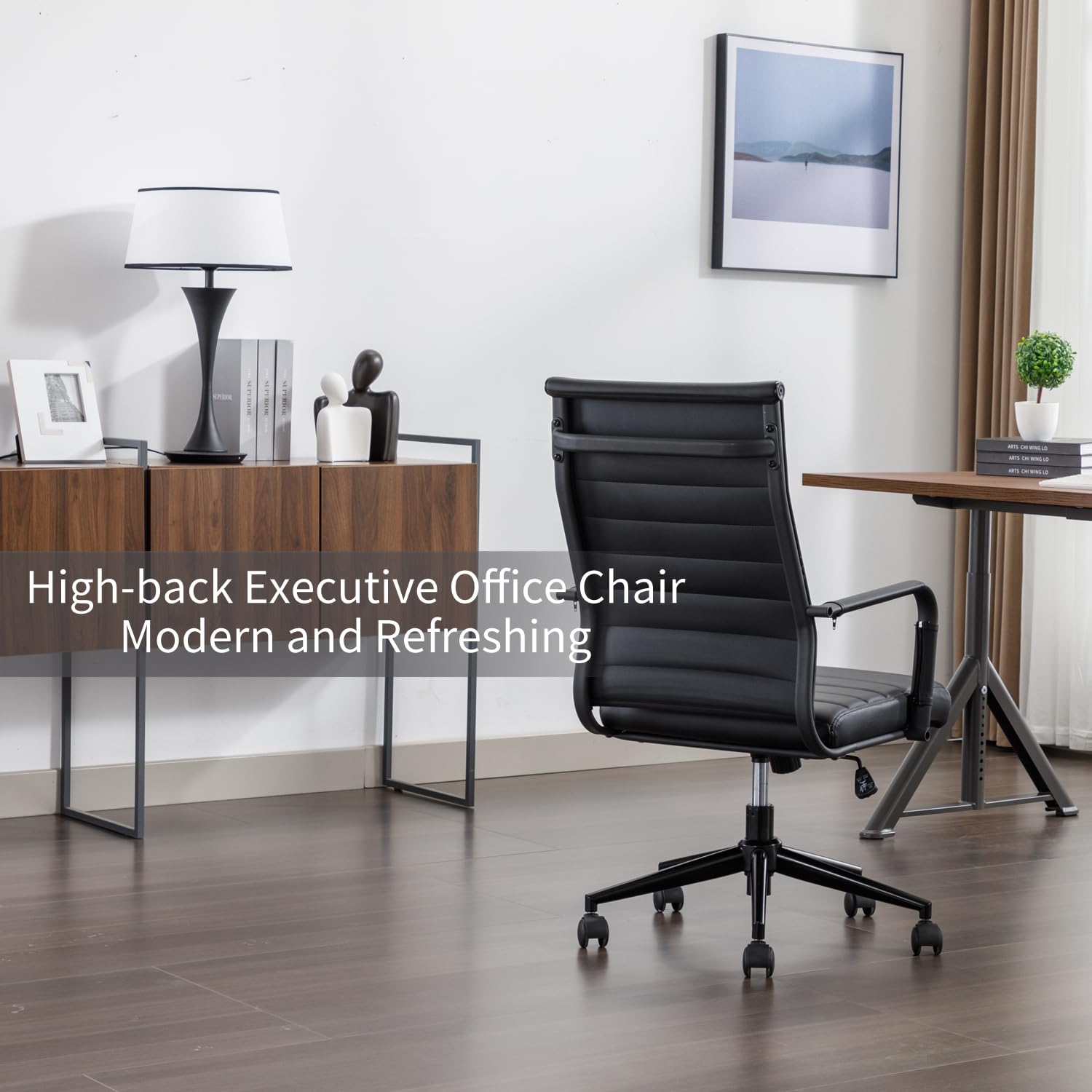 Office Desk Chair Leather, Conference Room Chairs with Wheels, Executive Modern Ergonomic Ribbed Computer Chair, 14.7-19.7"H X 20"W X 18"D