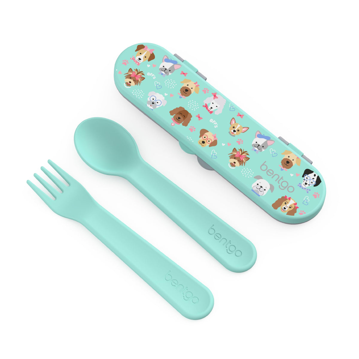 Bentgo® Kids Plastic Utensil Set - Reusable Fork, Spoon & Storage Case, PFAS- & BPA-Free, Easy-Grip Handles, Lightweight, Dishwasher Safe, School Lunch, Travel & On-the-Go (Puppy Love)
