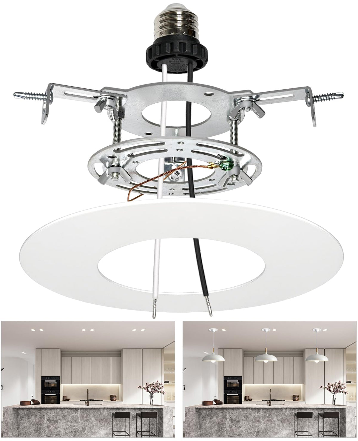 Recessed Can Light Conversion Kit for 5" and 6" Ceiling Light Fixtures Upgrade, Pendant/Hanging Light, Ceiling Fans Compatible, Includes 7¾" Flat Steel Medallion, White Finish (White)