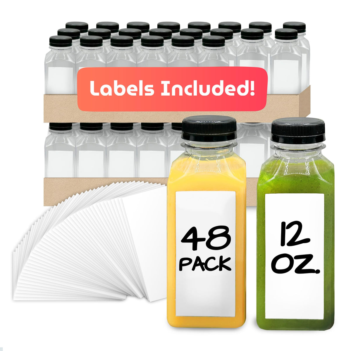 Reli. Plastic Juice Bottles (48 Pack, 12 oz) Square Plastic Juice Bottles with Caps & Sticker Labels | Clear, Empty for Juicing 12oz | Disposable, Smoothies