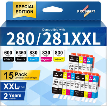280 281 XXL Ink Cartridges Replacement for Canon PGI-280 281 Cartridge for Pixma TR8620a TR8620 TR8520 TR8600 TR7520 TS702a TS9520 TS9521C TS6120 TS6220 TS9120 TS6320 TS8220 (15 Packs)