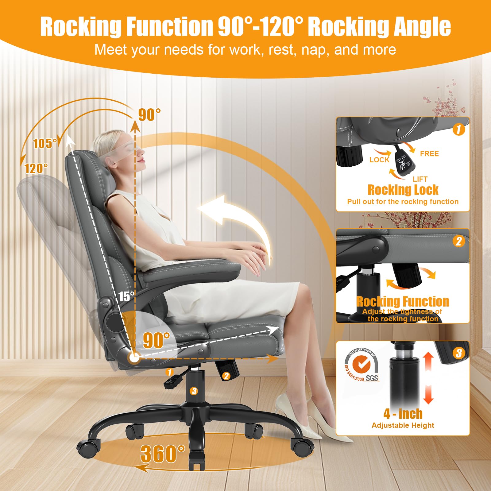 Executive Office Chair with Flip-up Armrests,ergonomic Computer Desk Chairs, 26.56 x 8.58 x 17.71inch, Grey