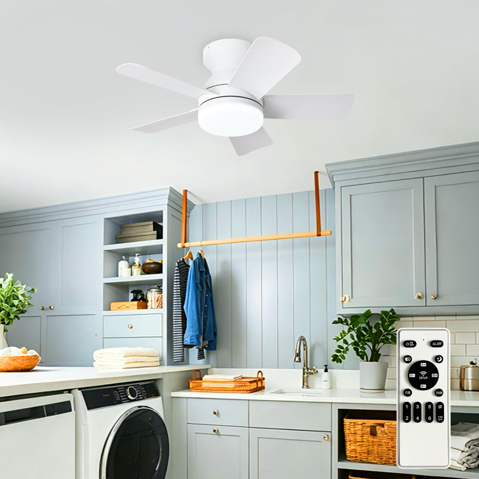 Ceiling fans with lights and Remote: 25 Inch Small Ceiling Fan with Light Low Profile - Flush Mount Bathroom Ceiling Fan Reversible 3CCT Dimmable Noiseless for Bedroom (White)
